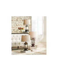 Franklin Iron Works Andreas Industrial Table Lamp 26" High Brown Metal with Nightlight Led and Usb Charging Port Oatmeal Shade for Living Room De