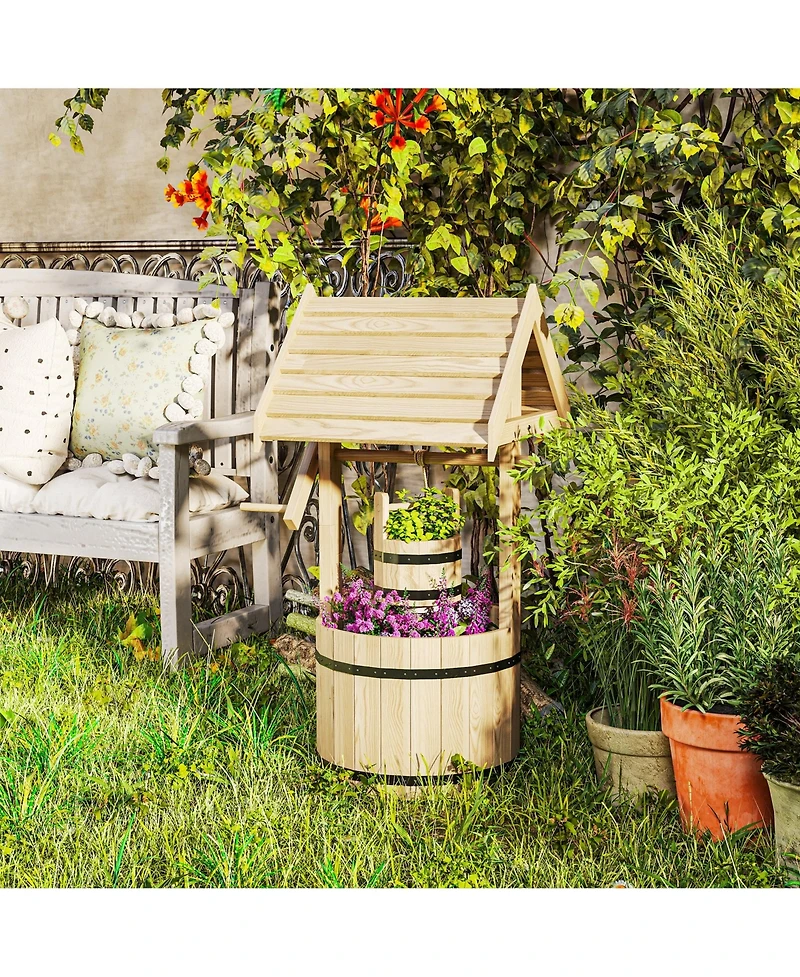 Outsunny Wishing Well Planter with Bucket, Wooden Wishing Well, Natural