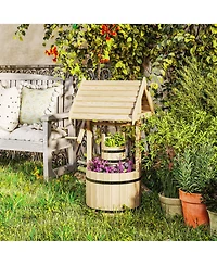 Outsunny Wishing Well Planter with Bucket, Wooden Wishing Well, Natural
