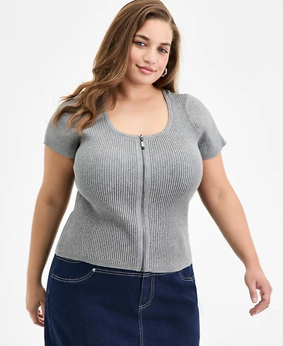 Bar Iii Trendy Plus Ribbed Zip-Front Sweater, Exclusively at Macy's