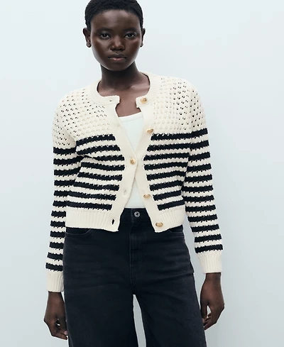 Mango Women's Striped Openwork Knitted Cardigan Sweater