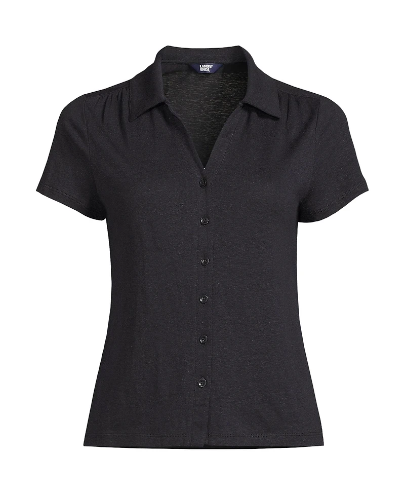 Lands' End Women's Linen Blend Short Sleeve Button Front Polo Top