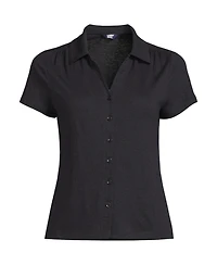 Lands' End Women's Linen Blend Short Sleeve Button Front Polo Top