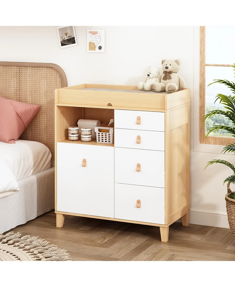 4-drawer nightstand with one door, wood and white wooden side table, end table with leather handles, appropriate for bedrooms, living rooms, and offic