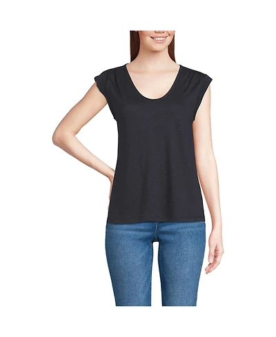 Lands' End Women's Linen Blend Cap Sleeve Gathered Shoulder Tee