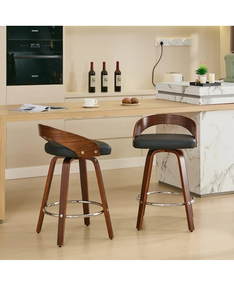 Set of 2 Swivel Counter Height Stools with Low Back, 24.8'' Wood Chairs with Cushioned Seat for Kitchen or Dining Room-The Pop Home