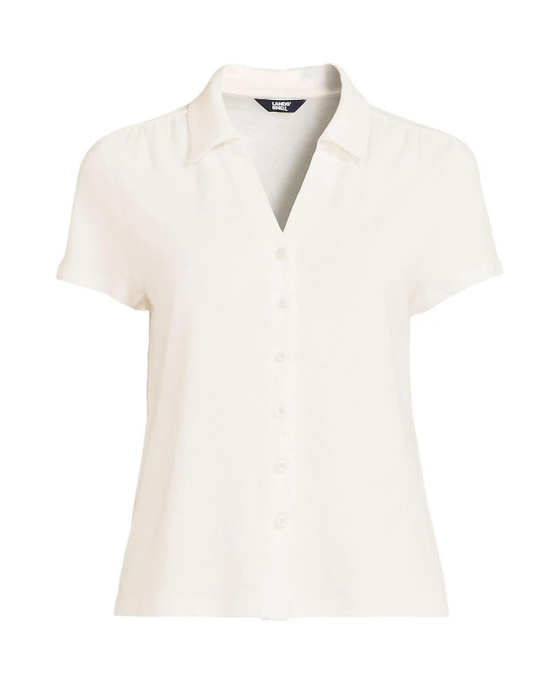 Lands' End Women's Plus Linen Blend Short Sleeve Button Front Polo Top