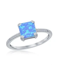 Sterling Silver Square Blue Synthetic Opal Beaded Band Ring