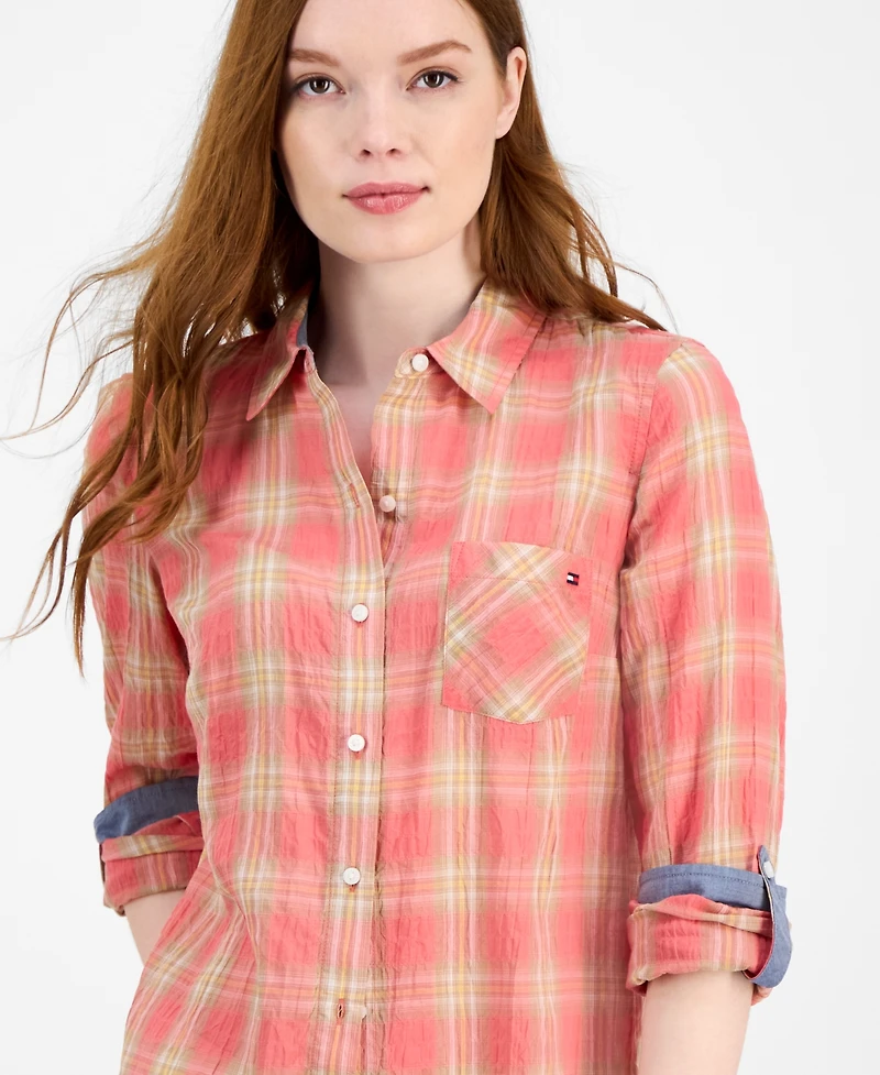 Tommy Hilfiger Women's Crinkled Plaid Roll-Tab Shirt