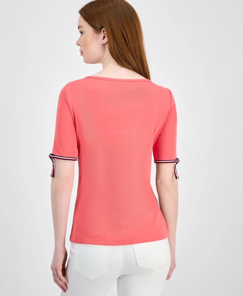 Tommy Hilfiger Women's Cotton Boat-Neck Tie-Sleeve T-Shirt