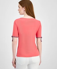 Tommy Hilfiger Women's Cotton Boat-Neck Tie-Sleeve T-Shirt
