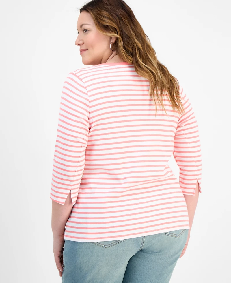 Style & Co Plus Stripe Pima Cotton 3/4-Sleeve Top, Exclusively at Macy's