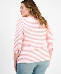 Style & Co Plus Stripe Pima Cotton 3/4-Sleeve Top, Exclusively at Macy's