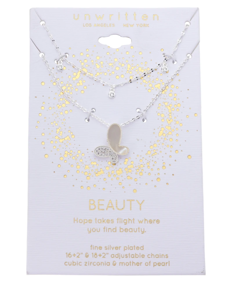 Unwritten Cubic Zirconia and Mother of Pearl Butterfly Layered Necklace Set