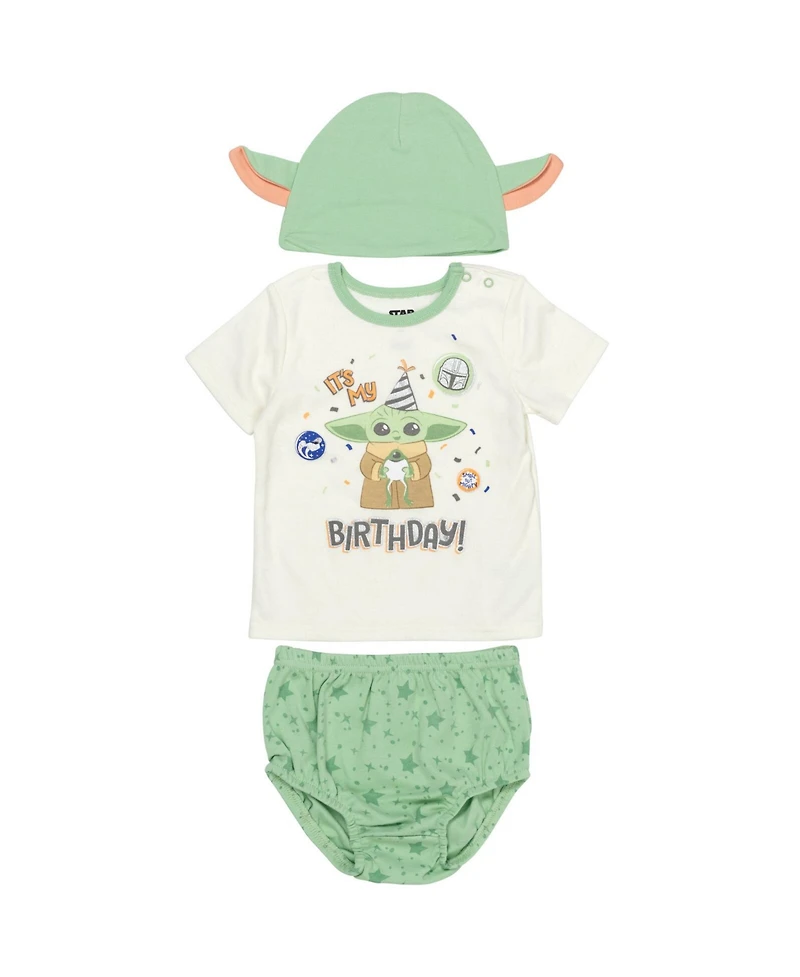 The Mandalorian Baby Boys Yoda Pullover T-Shirt Diaper Cover and Hat 3 Piece Outfit Set