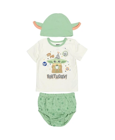 The Mandalorian Baby Boys Yoda Pullover T-Shirt Diaper Cover and Hat 3 Piece Outfit Set