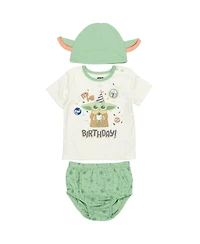 The Mandalorian Baby Boys Yoda Pullover T-Shirt Diaper Cover and Hat 3 Piece Outfit Set