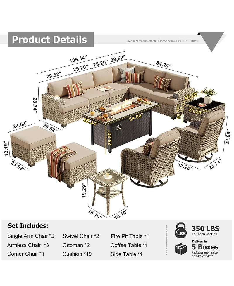 Xizzi 13 Piece Outdoor Patio Furniture Sets with Fire Pit Table,All Weather Wicker Sectional Sofa Extra Deep Swivel Chairs and Solar PoweRe