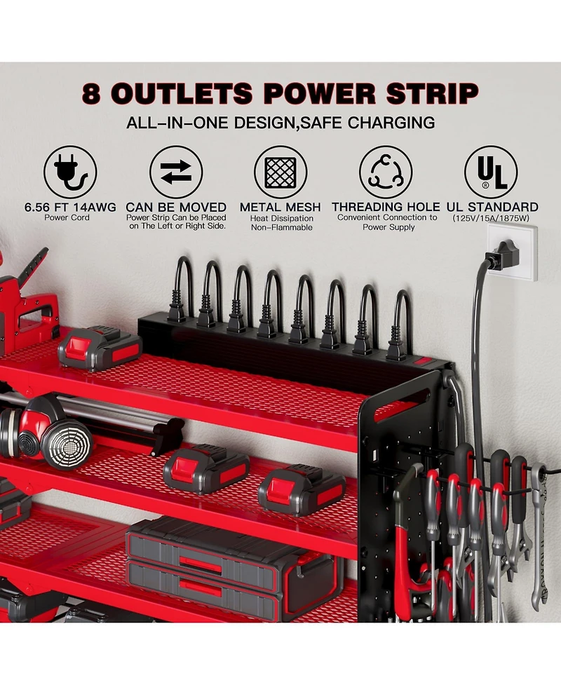 Hausource 4-Tier Power Tool Organizer Wall Mount Tool Storage Workbench W/8 Drill Holder Utility Shelving,Red