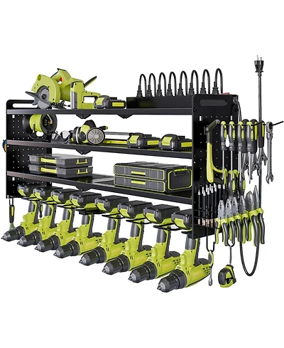 Hausource 4-Tier Power Tool Organizer Wall Mount Tool Storage Workbench W/8 Drill Holder Utility Shelving,Black