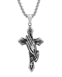 Steeltime Men's Stainless-Steel Prayer Hand and Cross Pendant Necklace