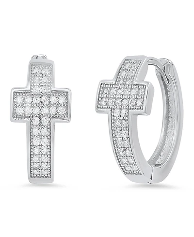 Steeltime Women's Sterling Silver and Simulated Diamonds Cross Huggie Earrings