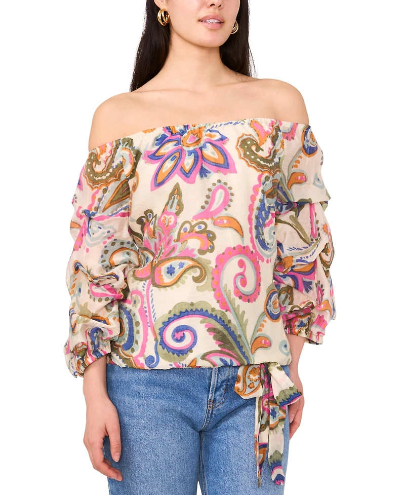 Vince Camuto Women's Paisley-Print Off-The-Shoulder Bubble 3/4-Sleeve Tie-Front Blouse