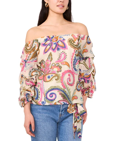 Vince Camuto Women's Paisley-Print Off-The-Shoulder Bubble 3/4-Sleeve Tie-Front Blouse