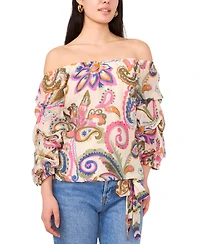 Vince Camuto Women's Paisley-Print Off-The-Shoulder Bubble 3/4-Sleeve Tie-Front Blouse