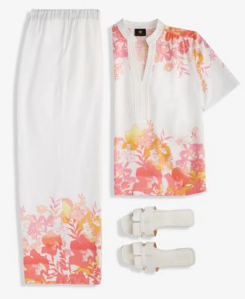Jm Collection Womens Floral Linen Short Sleeve Top Floral Linen Wide Leg Pants Exclusively At Macys