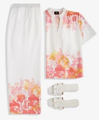 Jm Collection Womens Floral Linen Short Sleeve Top Floral Linen Wide Leg Pants Exclusively At Macys