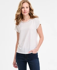 Jones New York Women's Extended-Shoulder Lattice-Neck Top