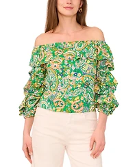 Vince Camuto Women's Paisley-Print Ruffled Off-The-Shoulder Bubble 3/4-Sleeve Blouse