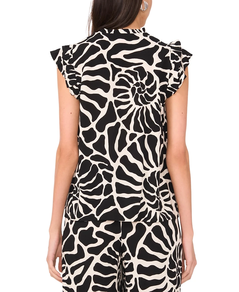 Vince Camuto Women's Spiral-Print Ruffle-Trim Split-Neck Top