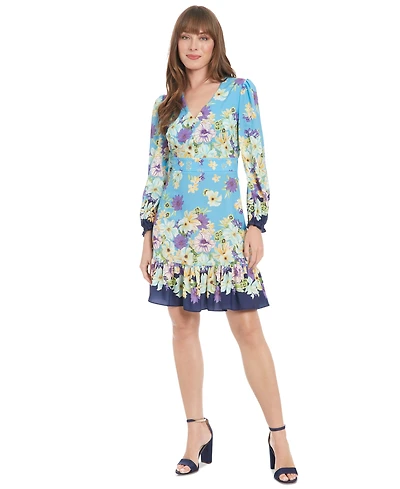 London Times Women's Printed V-Neck Long-Sleeve Dress