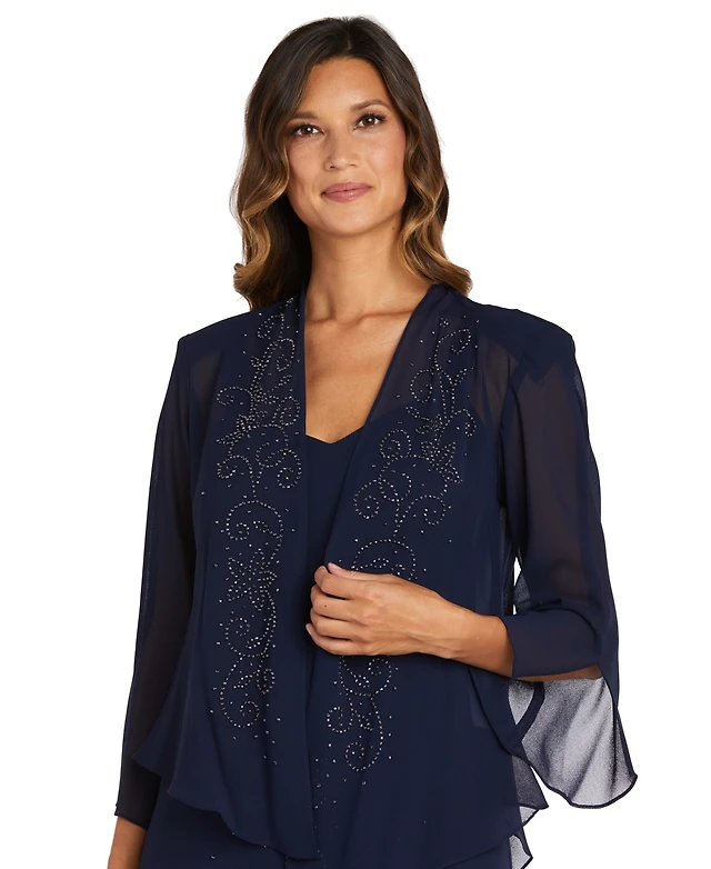 r&m richards sleeveless beaded v neck dress and jacket r&m richards sleeveless metallic dress and jacket Long Pleated Metallic  Chiffon Jacket Dress  Blush / 8 By R&M Richards