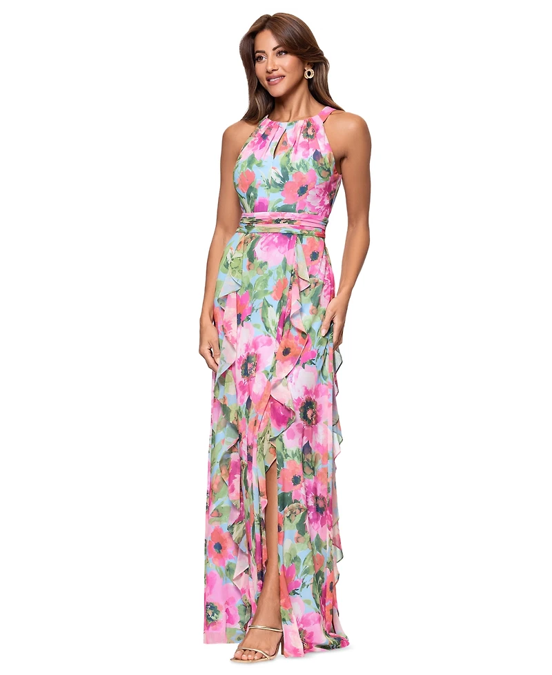 Xscape Women's Floral Chiffon Ruffled Tiered Halter Gown