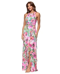 Xscape Women's Floral Chiffon Ruffled Tiered Halter Gown