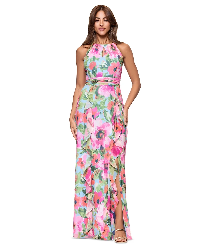 Xscape Petite Floral-Print Ruffled Gown
