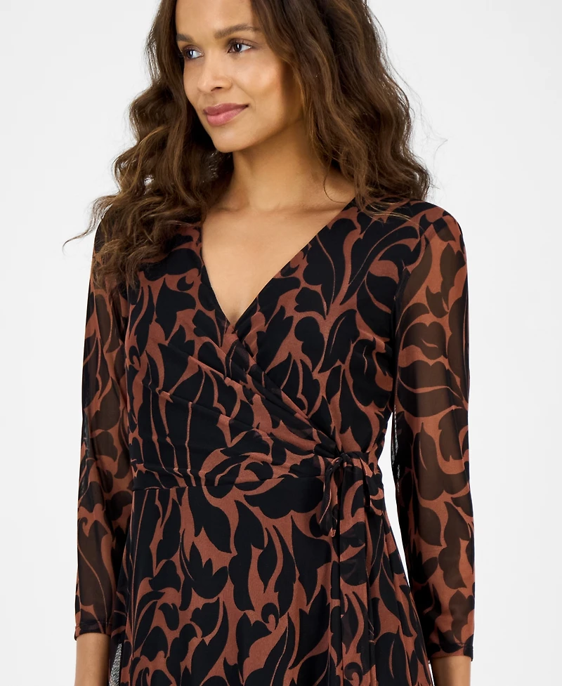Connected Petite Printed Surplice Side-Tie Dress