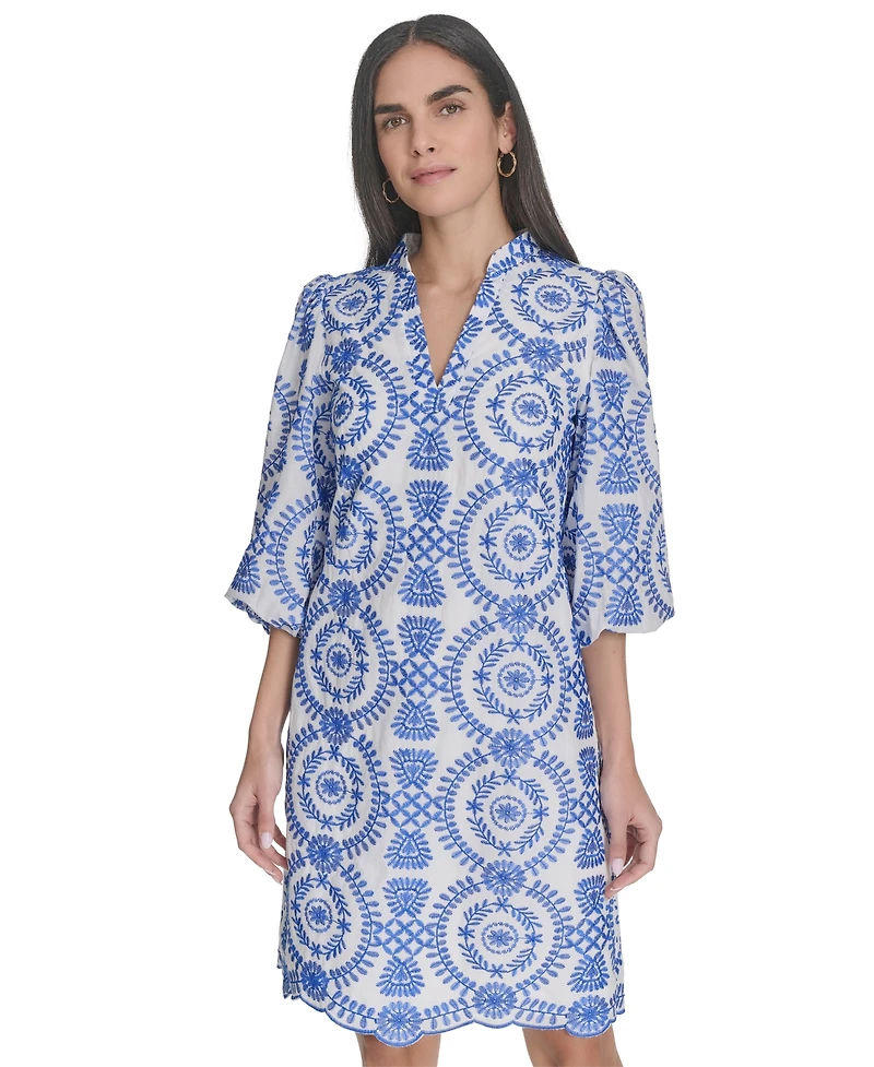 Jessica Howard Petite Printed 3/4-Sleeve Collared A-Line Dress