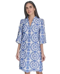 Jessica Howard Petite Printed 3/4-Sleeve Collared A-Line Dress