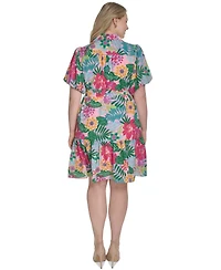 Jessica Howard Plus Printed Tie-Waist Puff-Sleeve Dress