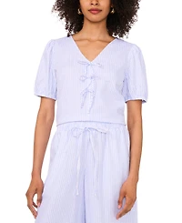 Sam & Jess Women's Striped Bow-Front V-Neck Puff-Sleeve Top