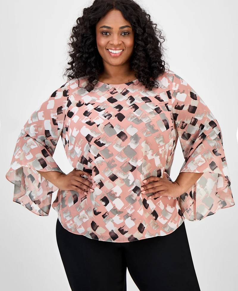 Kasper Plus Size Printed Bell-Sleeve Blouse