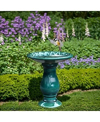 LuxenHome Dark Green Flower 21.65-Inch Tall Ceramic Birdbath