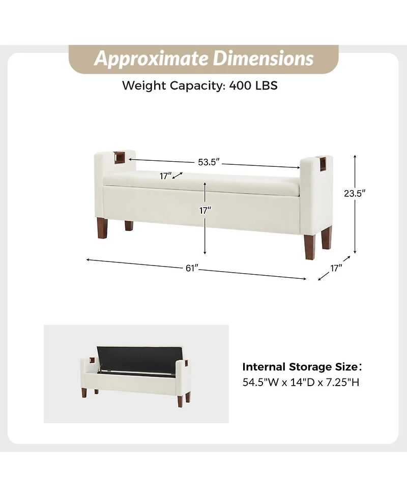 Adela Storage Waterproof Bench with Solid Wood Legs and Armrests