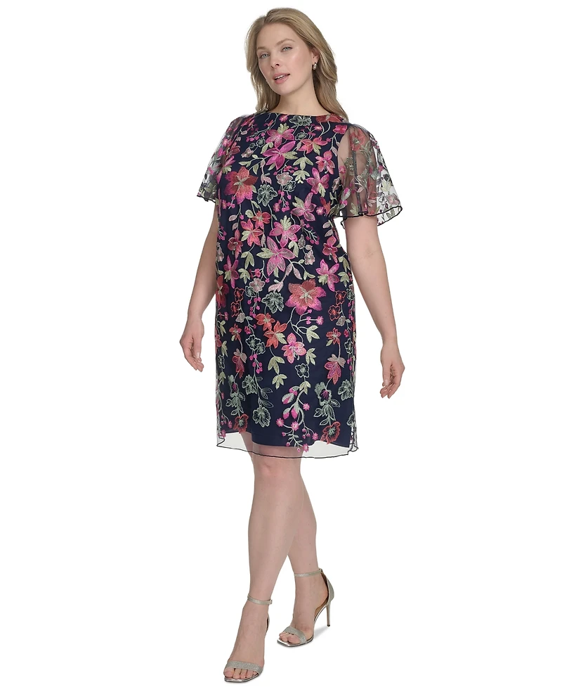Jessica Howard Plus Size Floral Embroidered Flutter-Sleeve Dress
