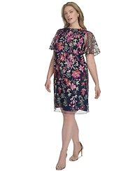 Jessica Howard Plus Size Floral Embroidered Flutter-Sleeve Dress