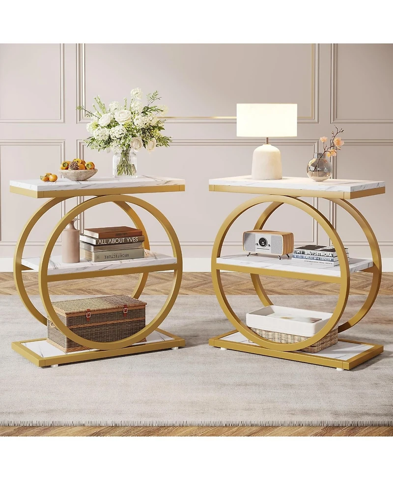 Tribesigns End Table Set of 2, Narrow End Table with 3 Storage Shelves, Wooden Side Table with Metal Frame, Small Sofa Side Table for Living Room,Nigh